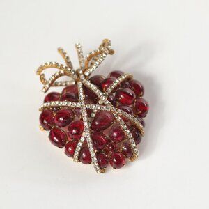 Vintage Statement Rare Wrapped Red and Crystal Verdura Style Cabochon Brooch